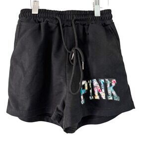 PINK‎ Floral Logo Lounge Shorts Elastic Waist Comfy Casual Black Size S